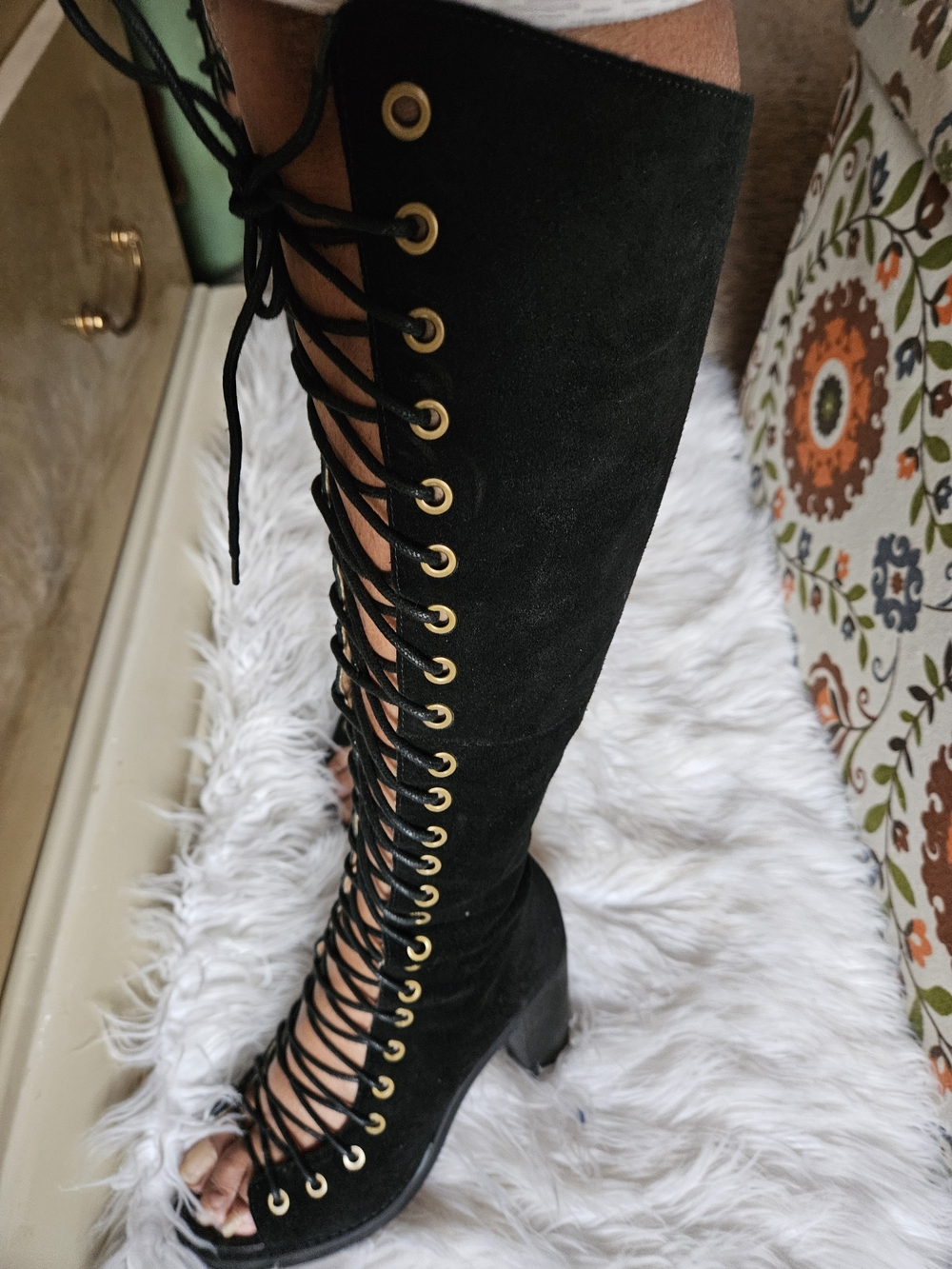 Jeffrey Campbell Black Lace-Up Over-the-Knee Peep-Toe Boots